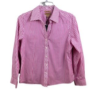 Investments Petite Non‎ Iron Pink White Striped Long Sleeve Button Shirt 12P NWT
